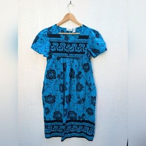 Vintage Loungees Blue Black 100% Cotton House Dress Mummu Pockets Size Small